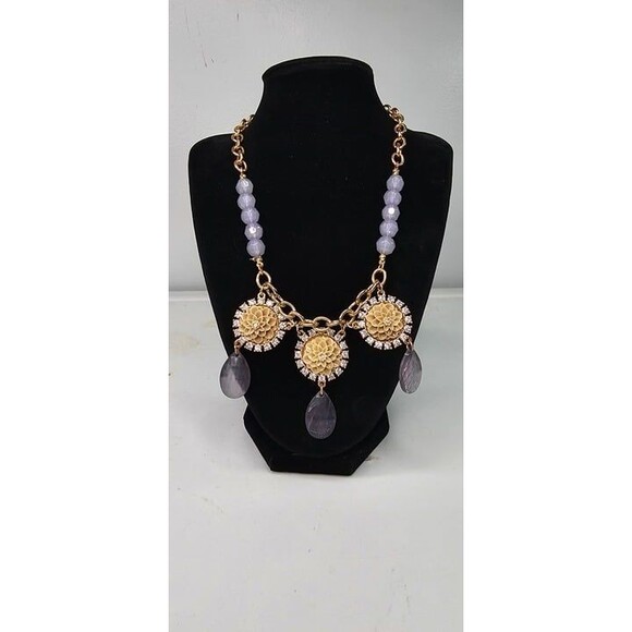 Plunder Posse Grey Cream Gold Tone Bead & Glass Rhinestone Floral Necklace 18"L - Picture 1 of 6